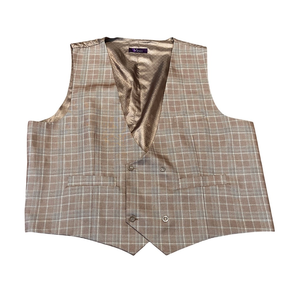 Vinci Mens Brown Plaid Double Breasted Suit Vest Waistcoat Size 56R Adjustable